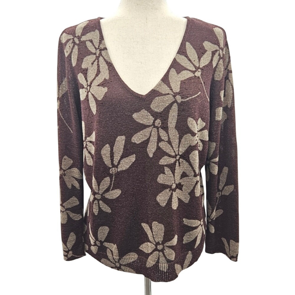 Jones New York Womens XL Brown Gold Floral Beaded V-Neck Knit Sweater Pullover